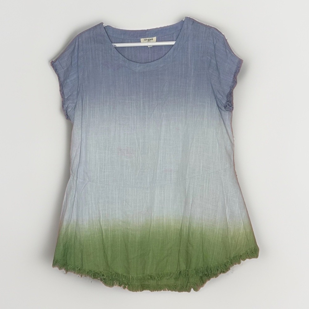 Umgee S Blue Green Ombre Linen Blend Fringe Hem Top Boho Lagenlook